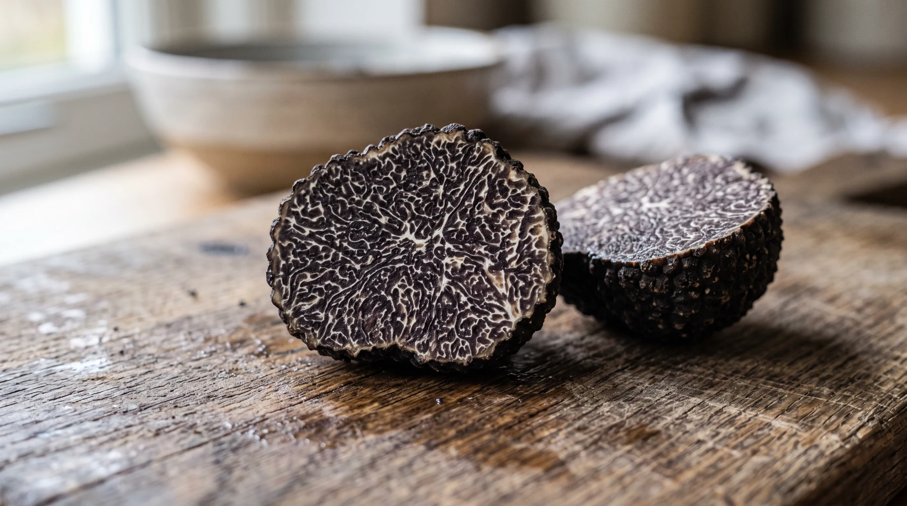 Truffe noire coupée en deux montrant une chair noir violacé veinée d'un fin réseau blanc