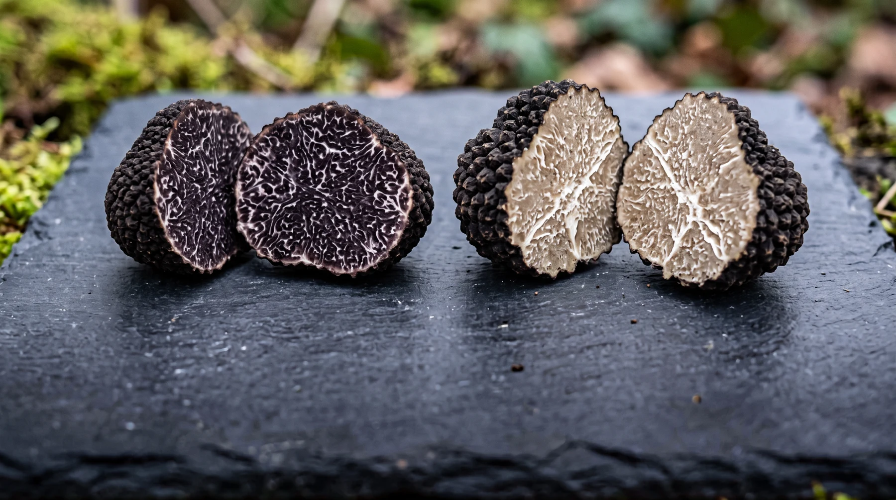 Truffe noire du Périgord coupée, chair noir violacé aux veines blanches fines, à côté d’une truffe d’été à grosses verrues et chair gris clair aux veines épaisses