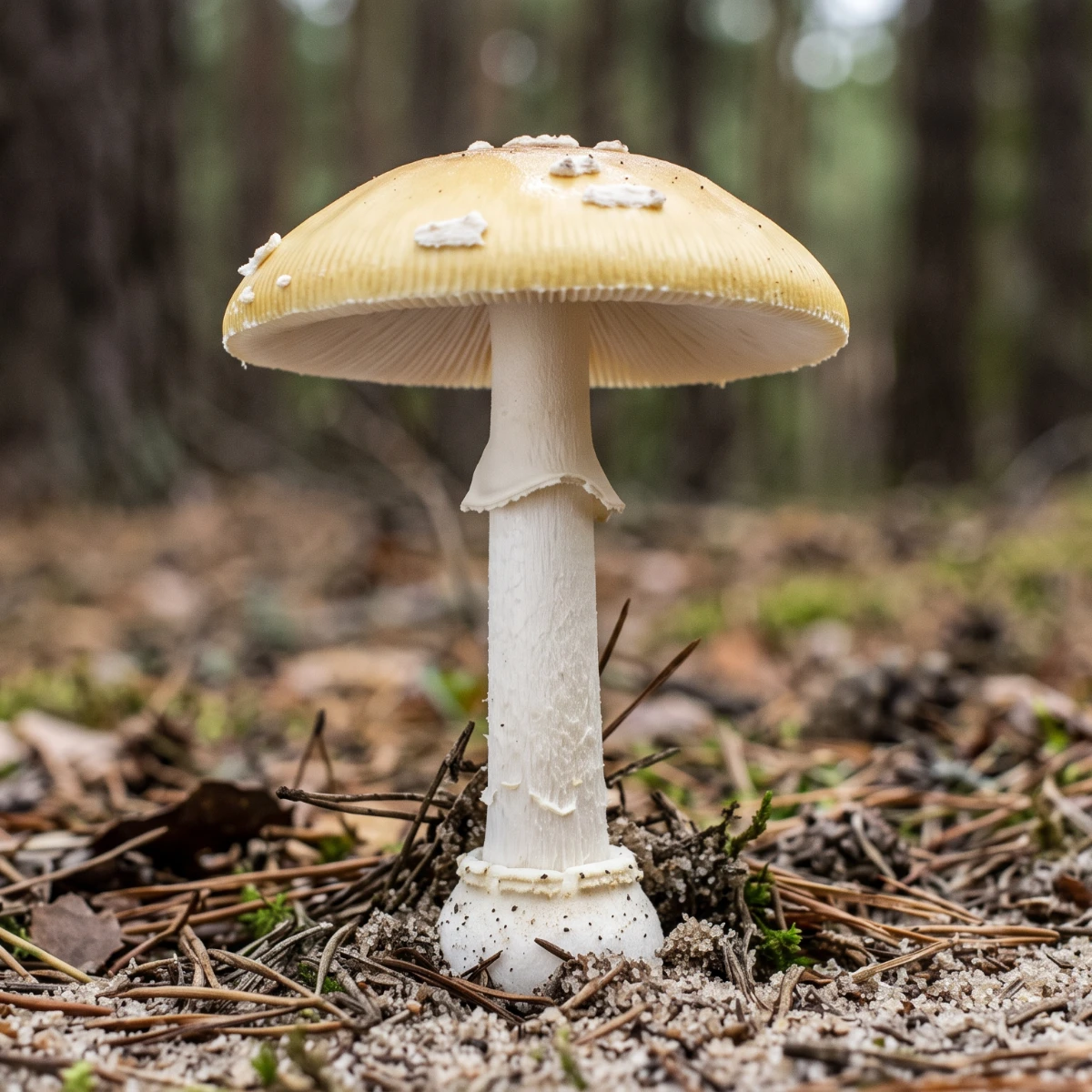 Amanite jonquille jaune pâle à plaques blanches, anneau fragile et bulbe cerclé à la base