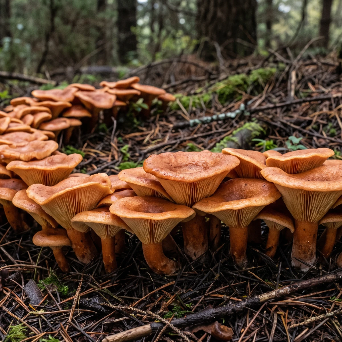 Troupe dense de clitocybes inversés roux orangé en entonnoir dans les aiguilles de pin