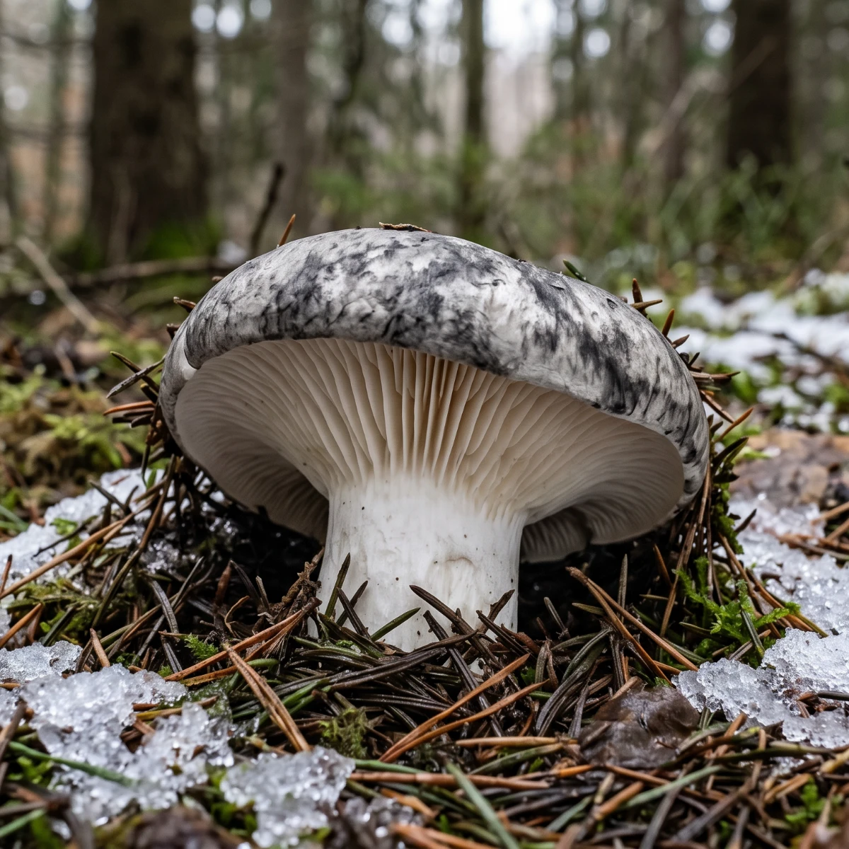 Hygrophore de mars à demi enfoui dans les aiguilles, chapeau gris marbré et lames blanches épaisses