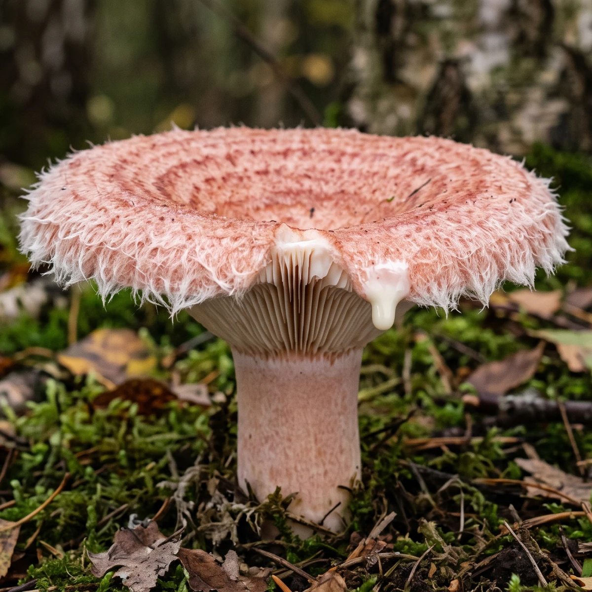 Lactaire toisonné sous bouleau, chapeau rose zoné à marge couverte de longs poils laineux