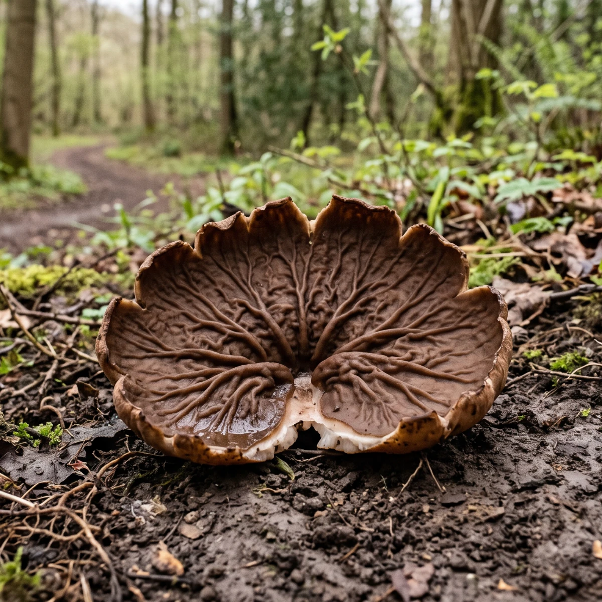 Pézize veinée posée à plat sur le sol, coupe brune au fond marqué de veines saillantes
