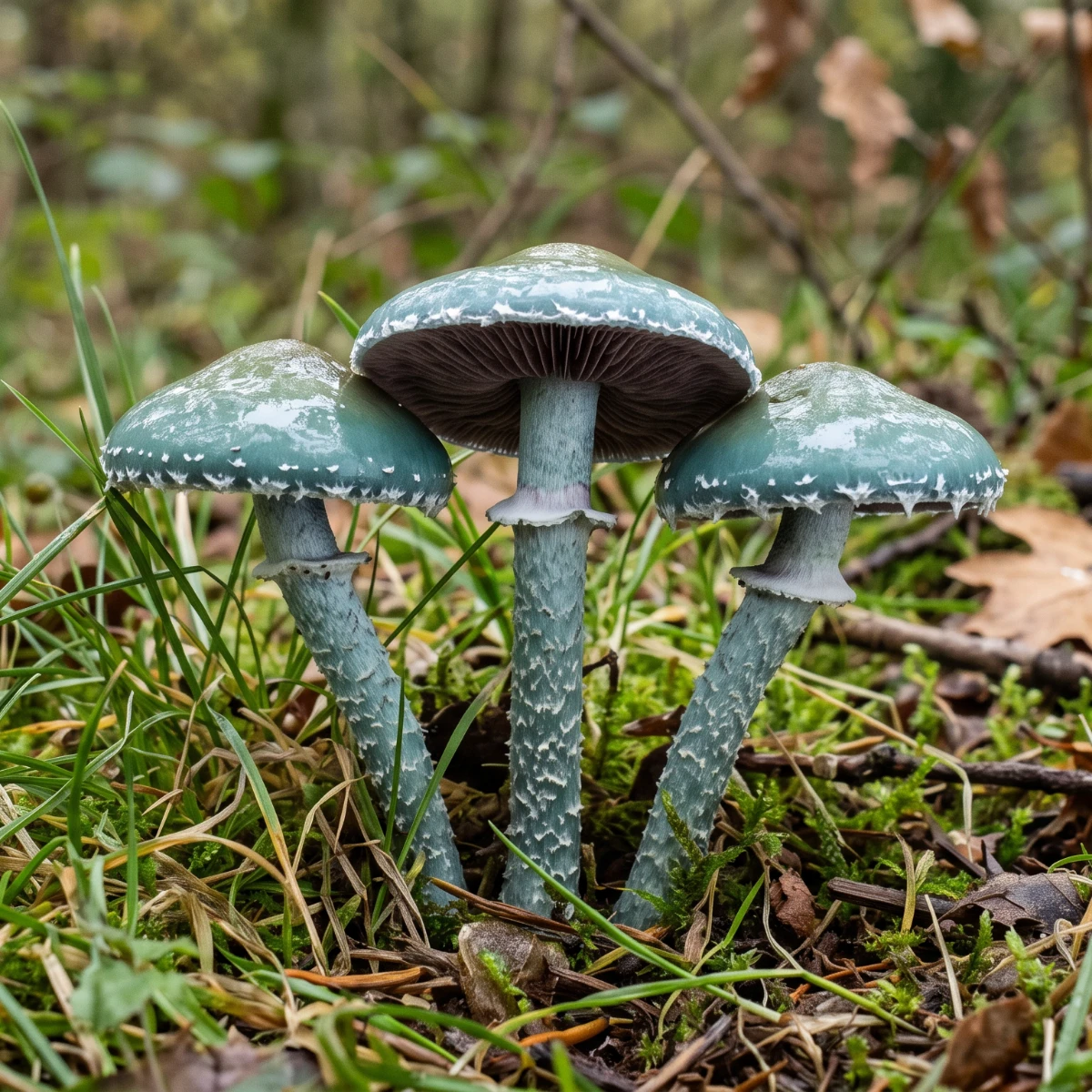 Strophaire vert-de-gris, chapeau bleu-vert visqueux à flocons blancs et anneau membraneux