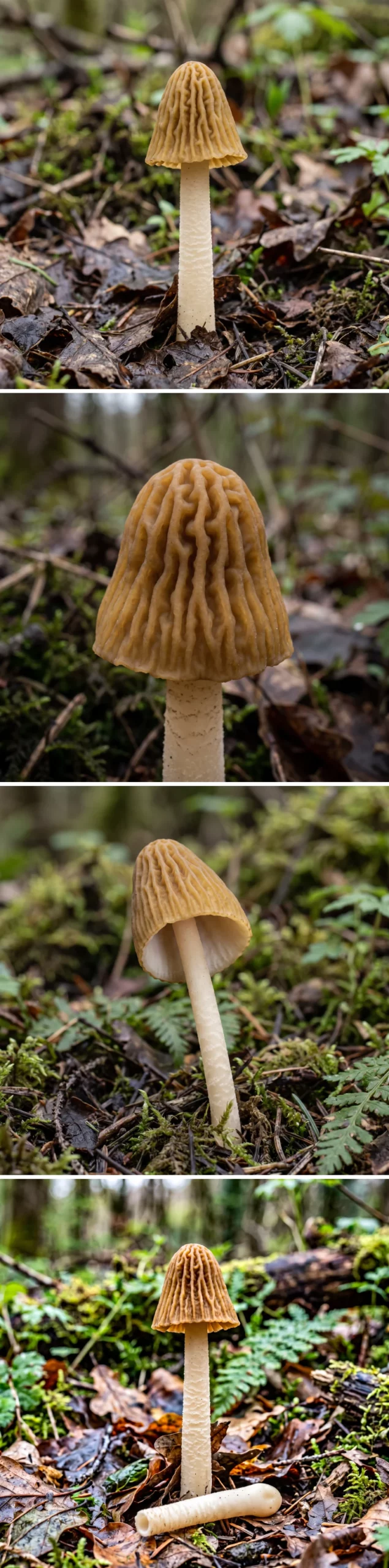 Quatre vues de la verpe de Bohême : le champignon entier, le chapeau et ses côtes verticales, le chapeau libre vu de dessous, le pied creux dégagé