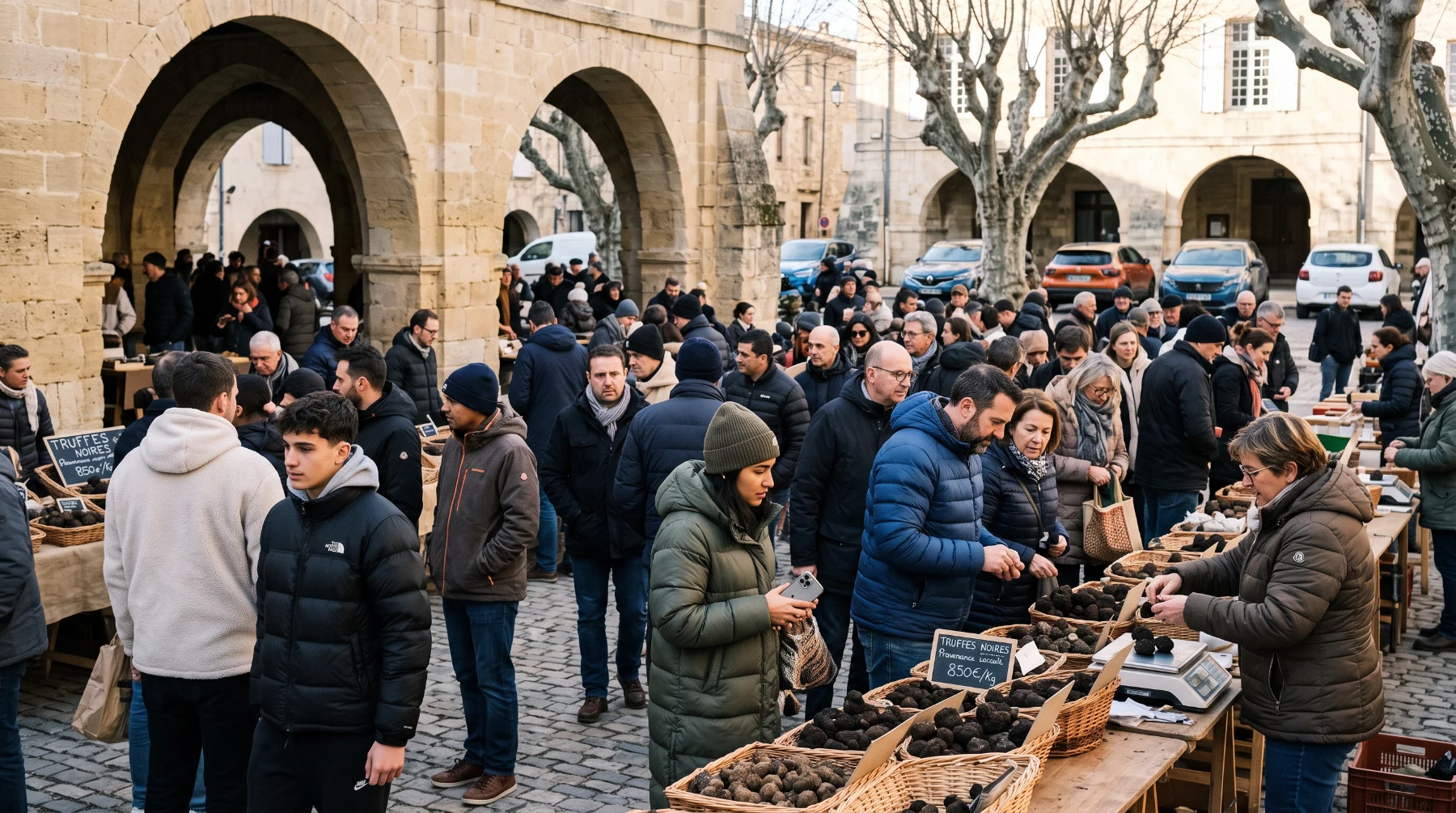 Journée de la truffe sur la Place aux Herbes d'Uzès, foule autour des étals un matin de janvier