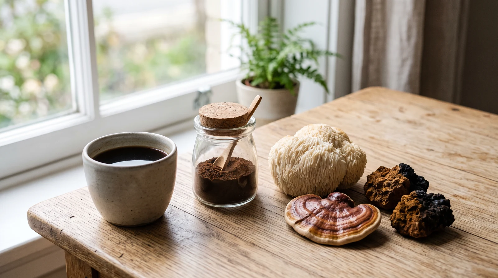 Tasse de café noir à côté d'un pot de poudre d'extrait de champignon, d'une crinière de lion séchée, d'une tranche de reishi et de morceaux de chaga sur une table en bois