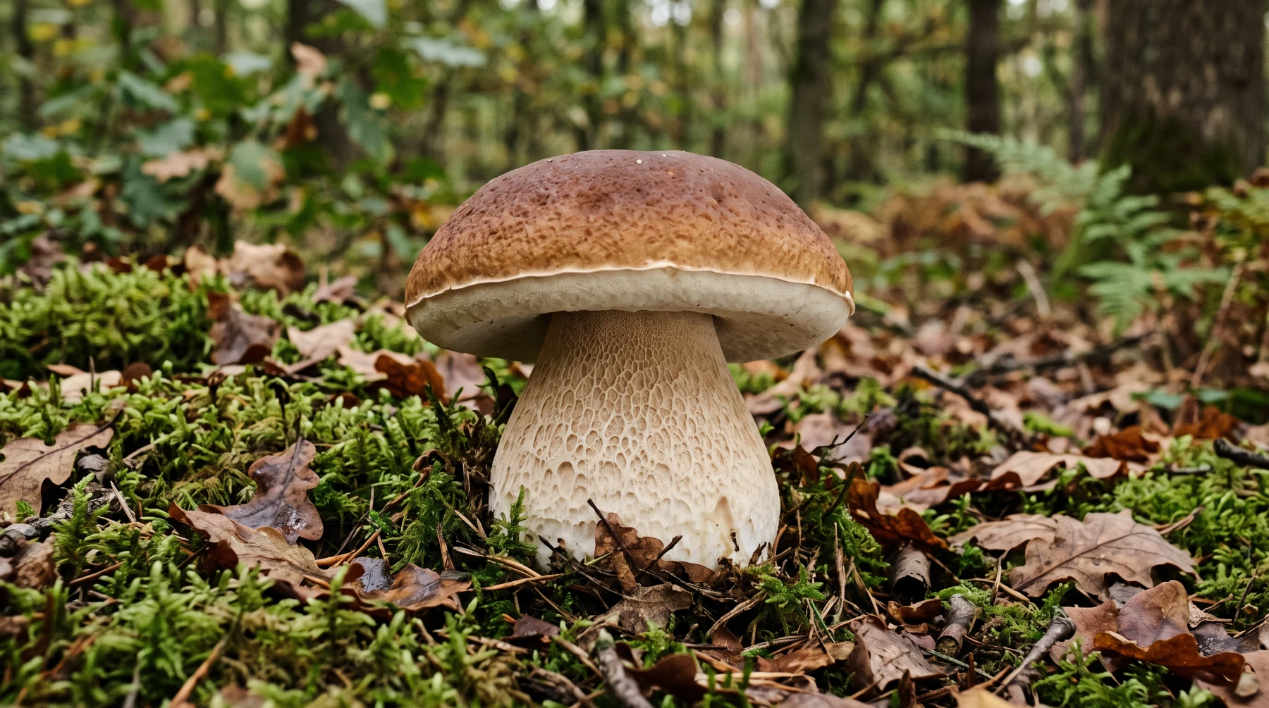 Cèpe de Bordeaux au chapeau brun et au pied trapu orné d'un fin réseau blanc