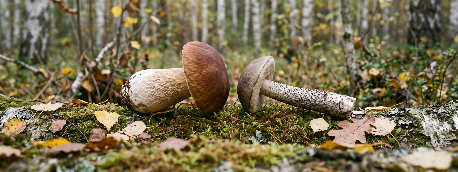 Un cèpe de Bordeaux et un bolet rude posés côte à côte en lisière de boulaie