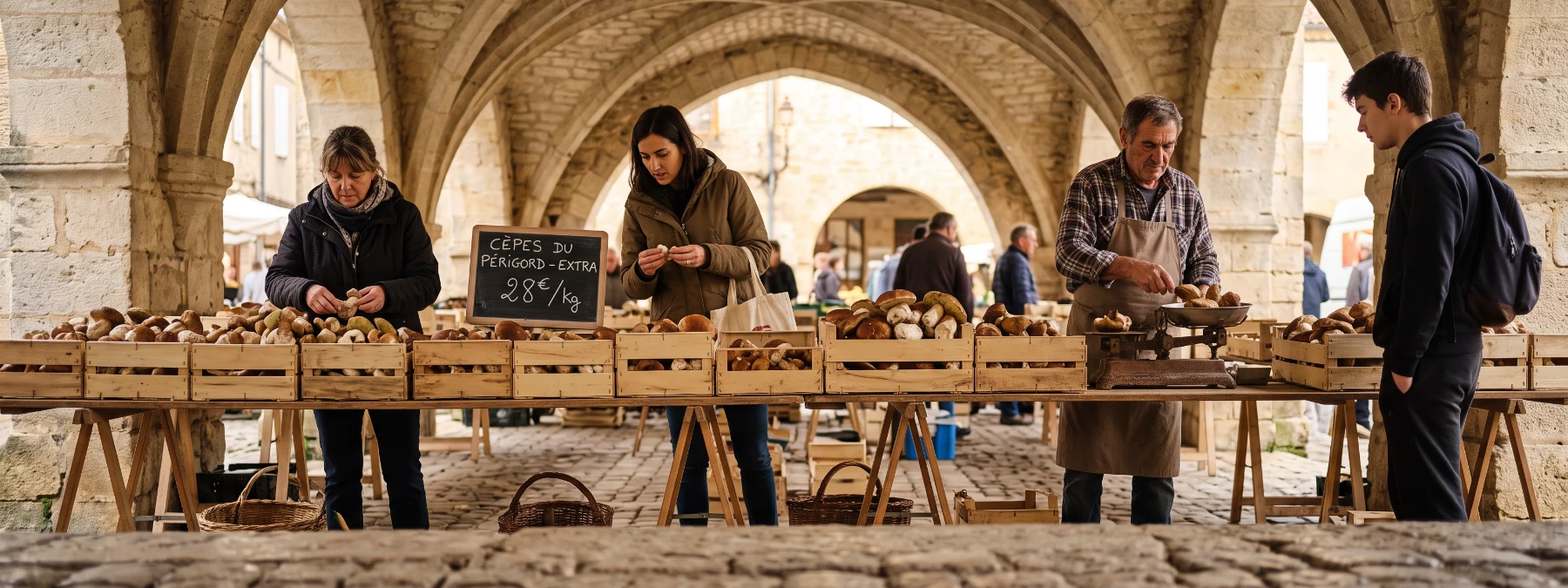 Marché aux cèpes sous une halle en pierre du Périgord, cagettes de cèpes frais sur des tables en bois et clients de tous âges