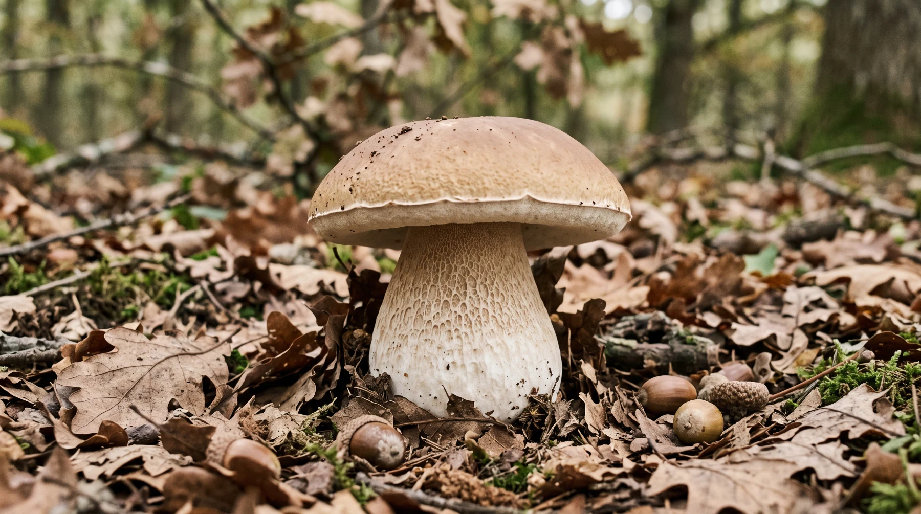 Cèpe de Bordeaux dans une litière de feuilles de chêne, pied épais couvert d’un fin réseau blanc