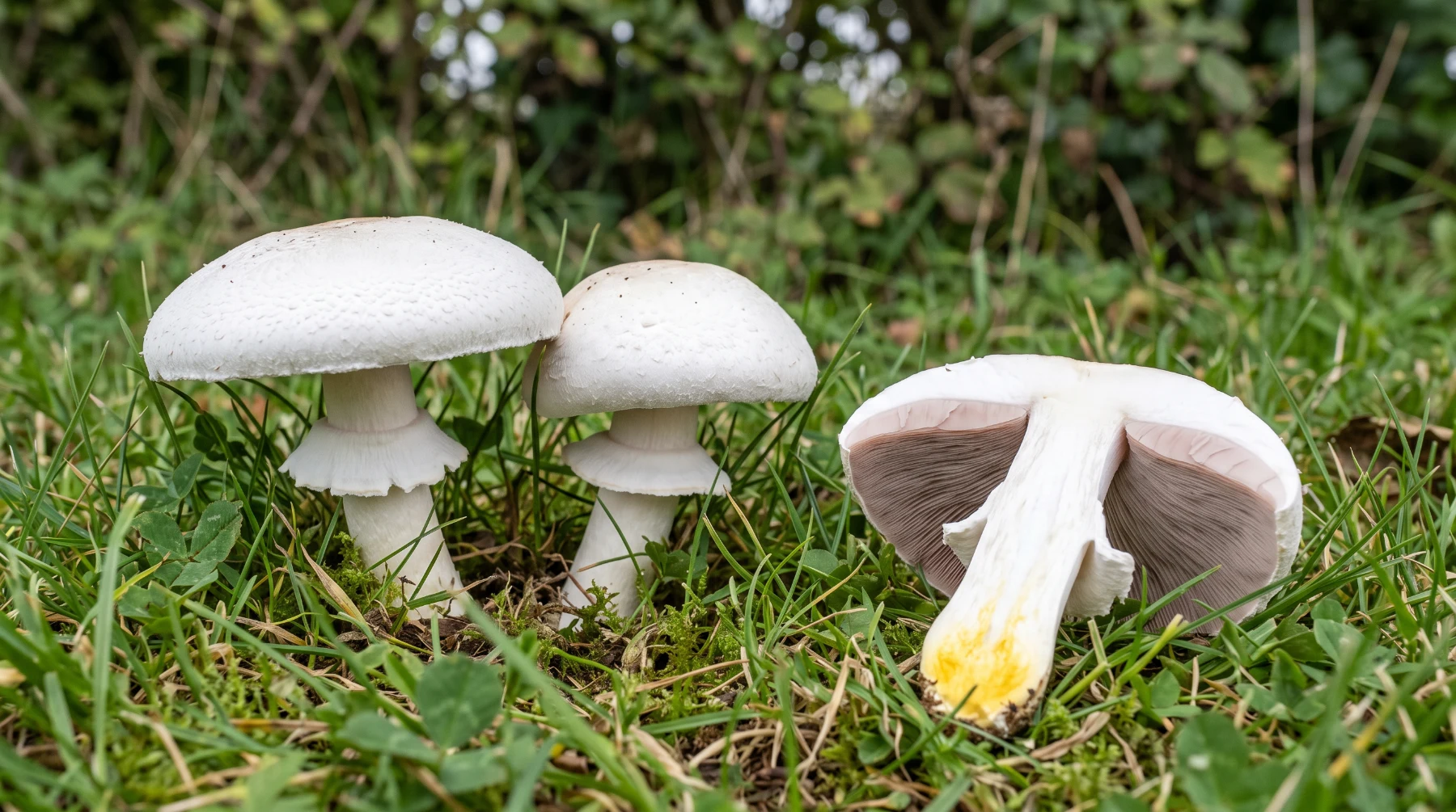 Agaric jaunissant dans l’herbe, base du pied tachée de jaune vif