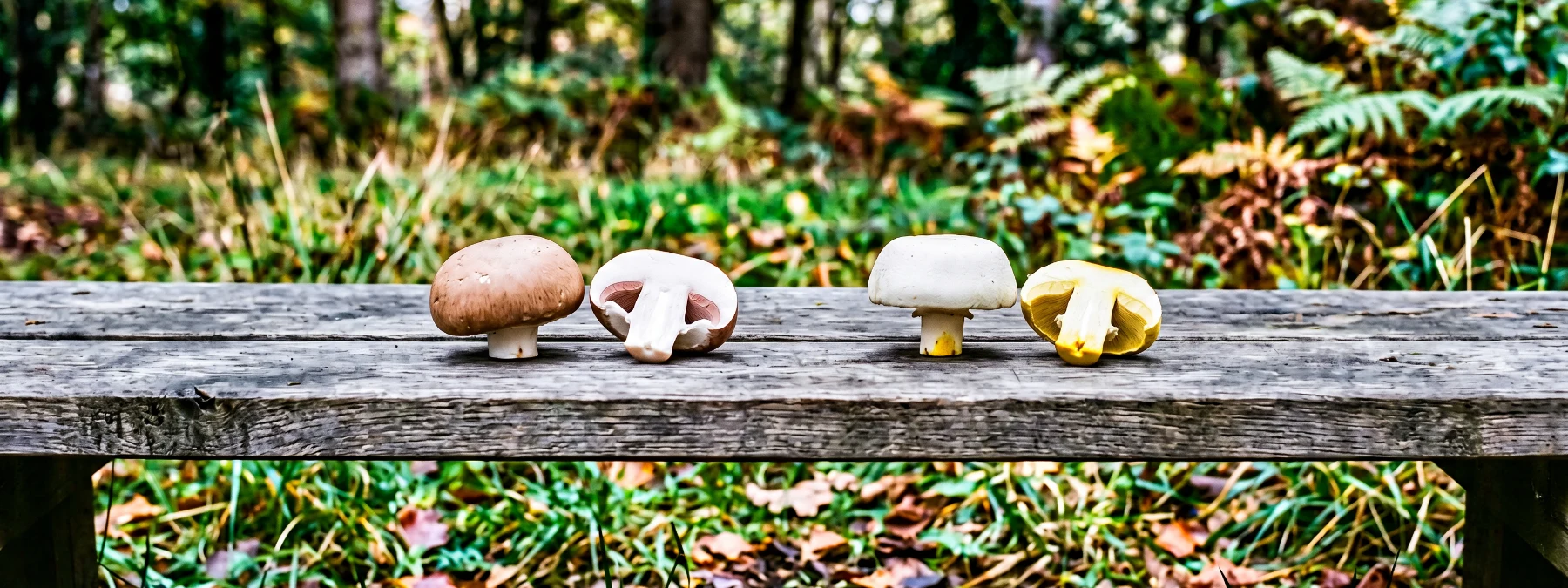 Champignons de Paris et agarics jaunissants posés côte à côte sur une planche de bois, chacun coupé en deux pour montrer la base du pied