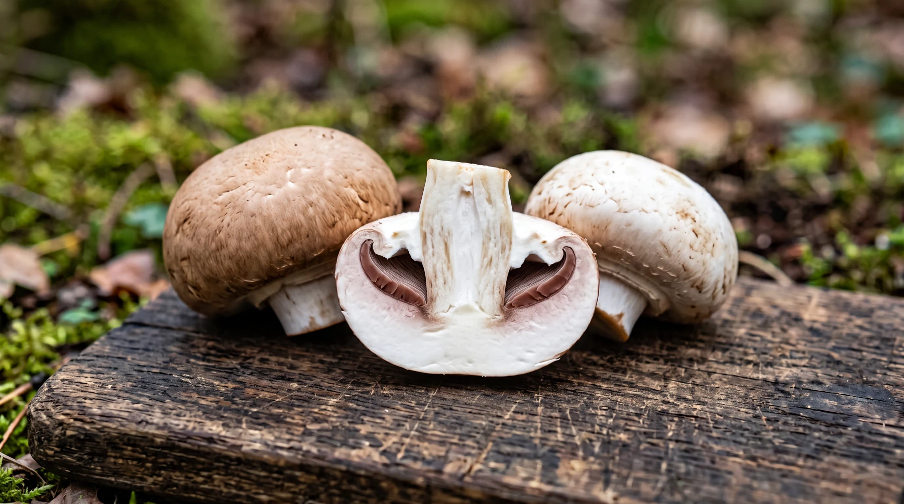 Champignon de Paris coupé en deux, la chair reste blanche jusqu’à la base du pied