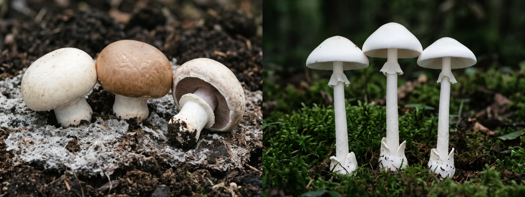 Champignons de Paris cultivés sur compost à gauche, amanites blanches dans la mousse à droite