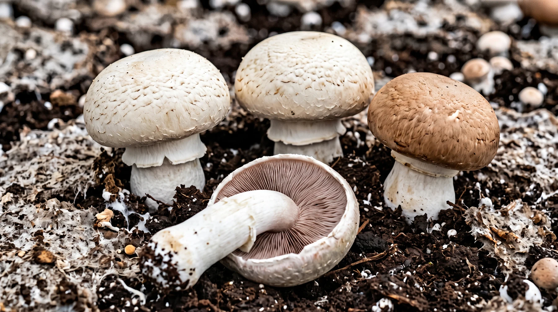 Champignons de Paris cultivés sur un lit de compost, pied court et trapu, celui de devant renversé pour montrer ses lames
