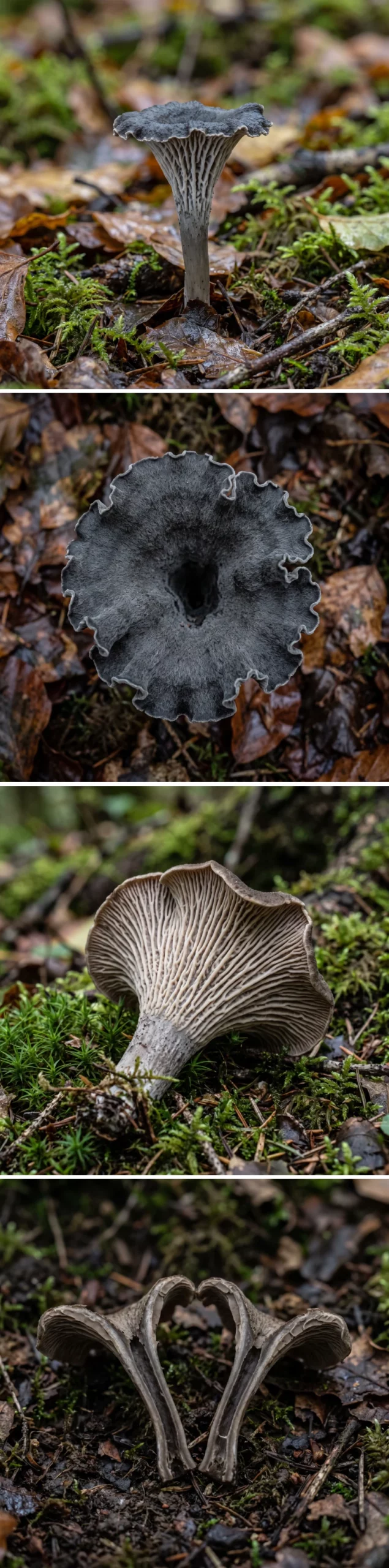 Montage de quatre vues de la chanterelle cendrée : le champignon entier debout, le chapeau vu de dessus, le dessous à plis saillants, et un exemplaire coupé montrant le creux du pied
