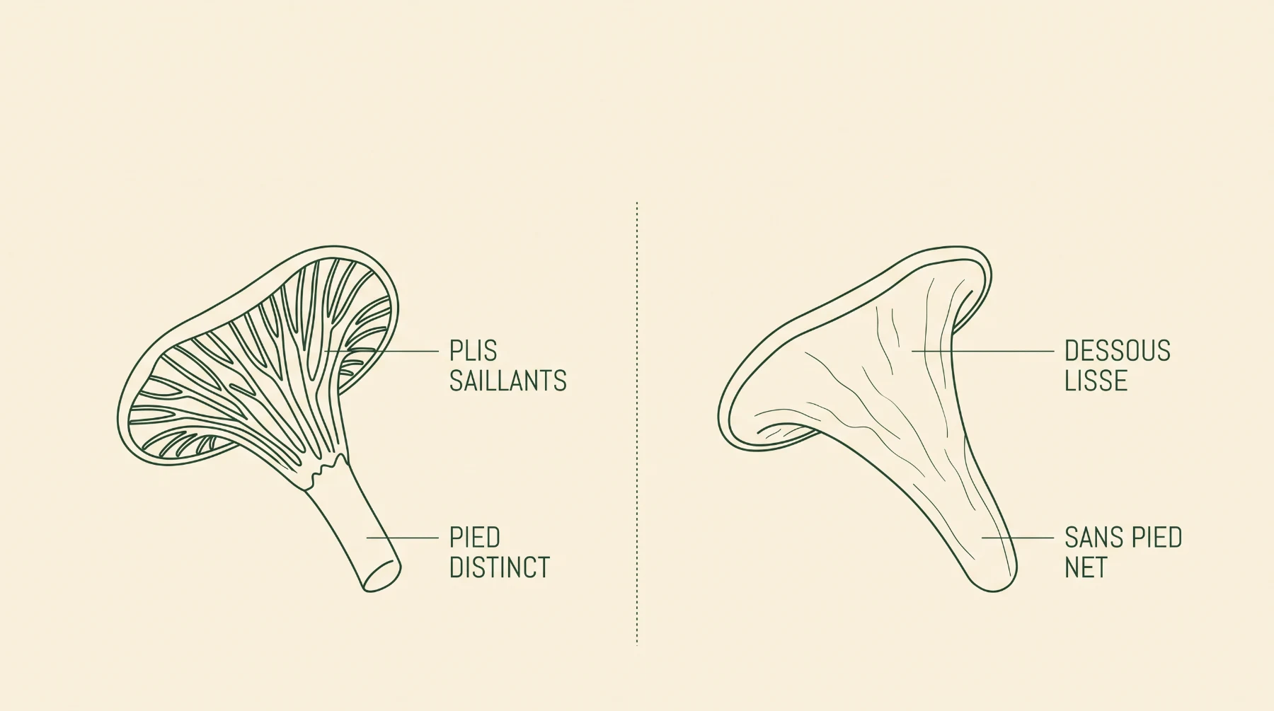 Schéma comparant le dessous à plis saillants de la chanterelle cendrée et le dessous lisse de la trompette de la mort
