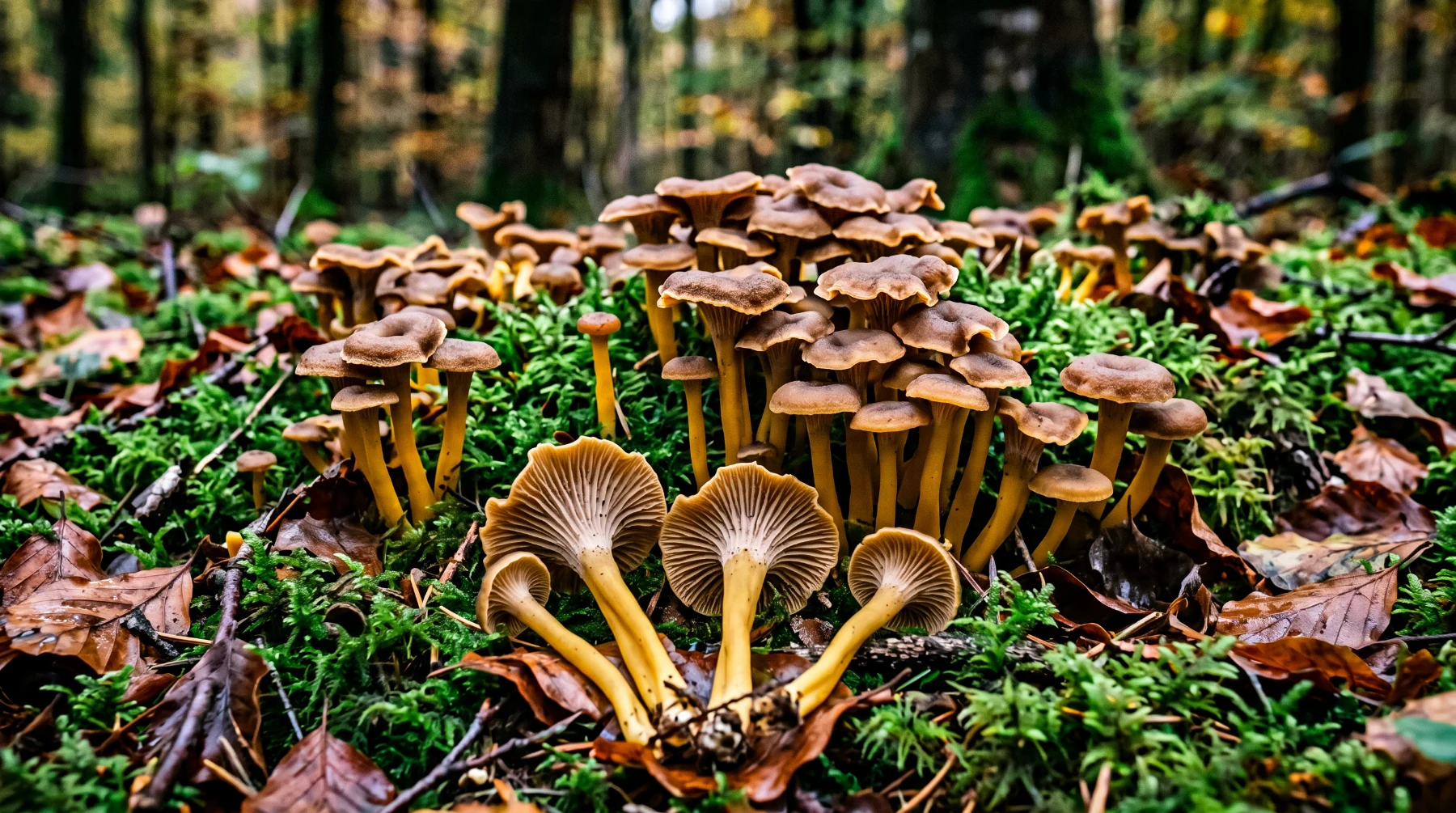 Troupe serrée de chanterelles en tube au pied jaune dans la mousse d’une hêtraie en fin d’automne