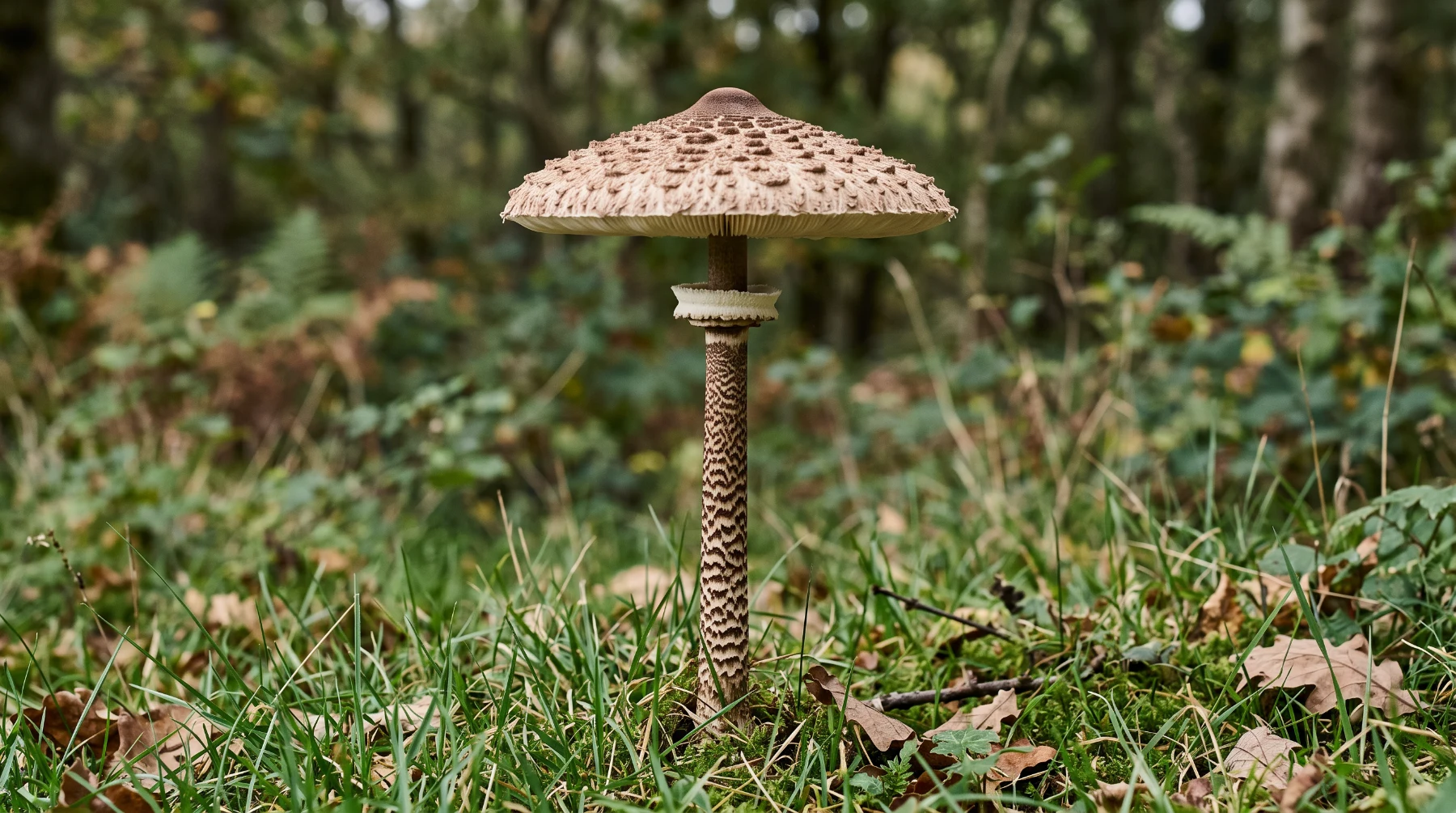 Coulemelle adulte au chapeau en parasol écailleux, au long pied chiné de brun et à l’anneau blanc épais