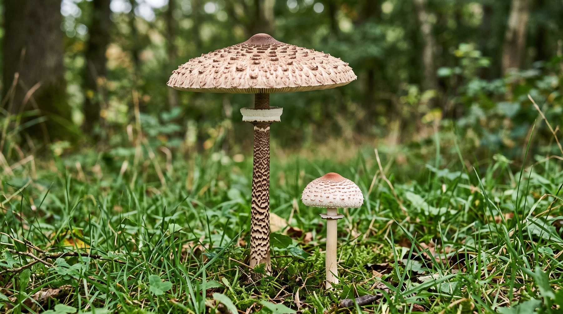 Une grande coulemelle au chapeau en parasol et au pied chiné à côté d’une minuscule lépiote crêtée, dans l’herbe en lisière de bois