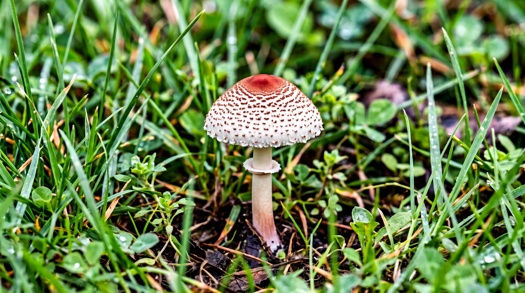 Lépiote crêtée de 4 cm dans l’herbe, chapeau blanchâtre à écailles brun roux et disque central roux, pied grêle et lisse