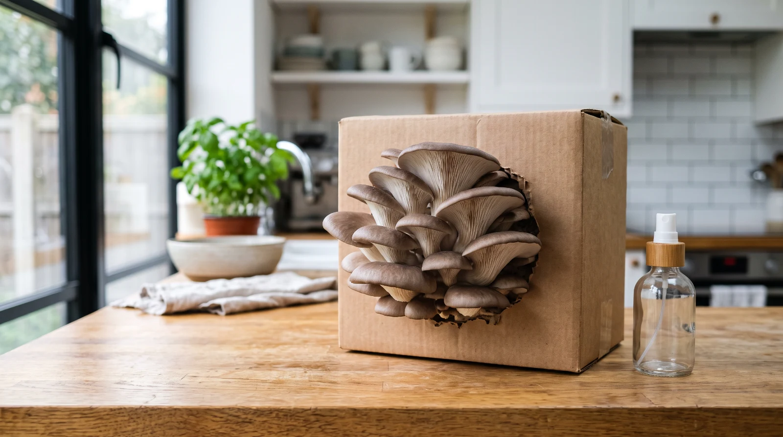 Kit de culture en carton posé sur un plan de travail de cuisine, avec une touffe de pleurotes gris qui sort de la fenêtre découpée et un vaporisateur à côté