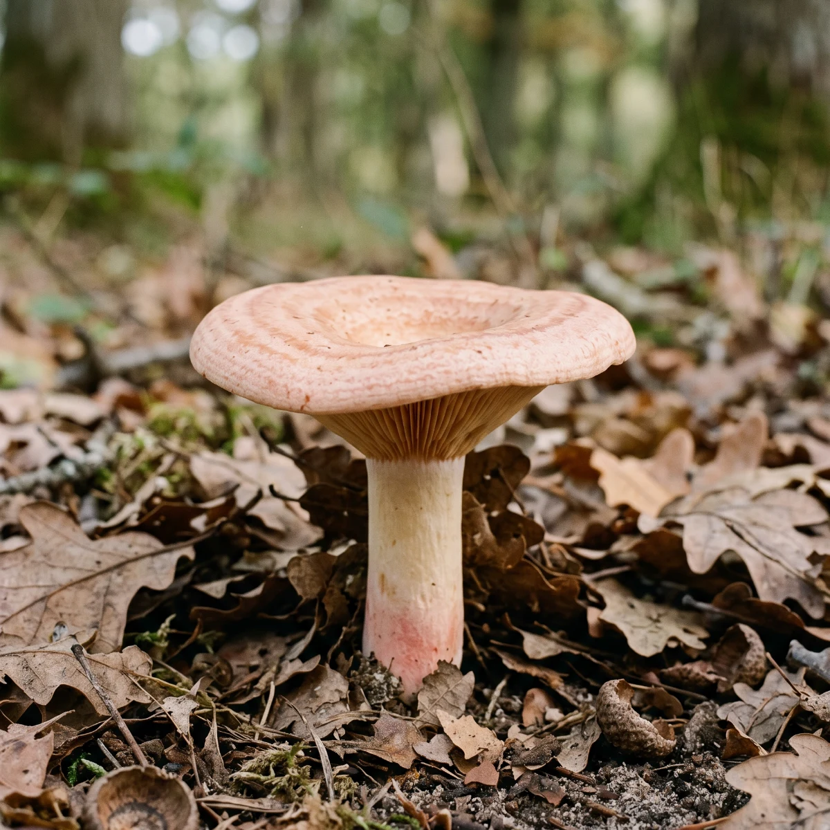 Lactaire à lait jaune entier, chapeau rose saumon zoné, dans la litière de feuilles de chêne