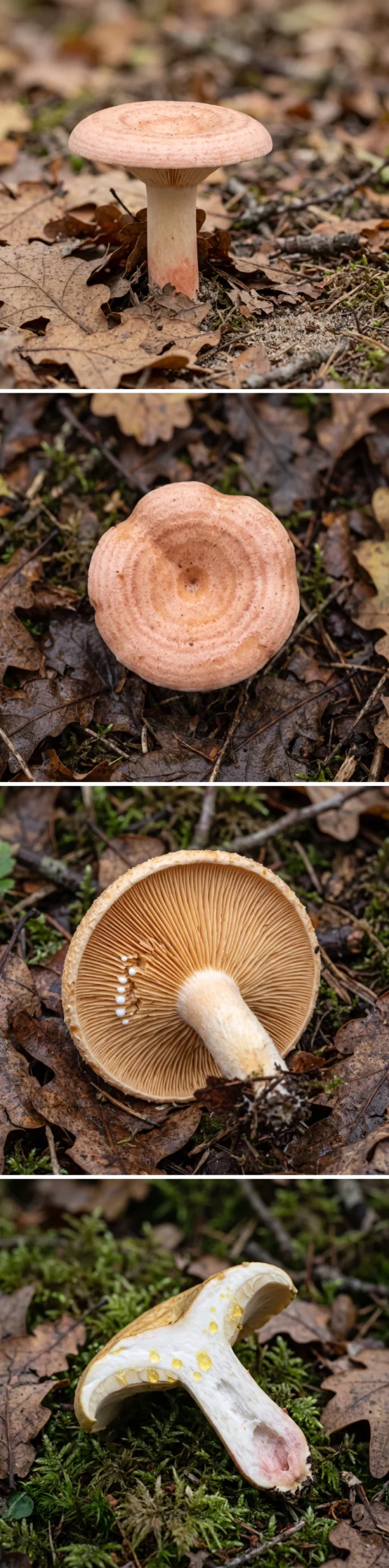 Quatre vues du lactaire à lait jaune : le champignon entier sous les chênes, le chapeau vu de dessus avec ses bandes concentriques, le dessous et ses lames serrées, et une coupe montrant les gouttes de lait jaune soufre