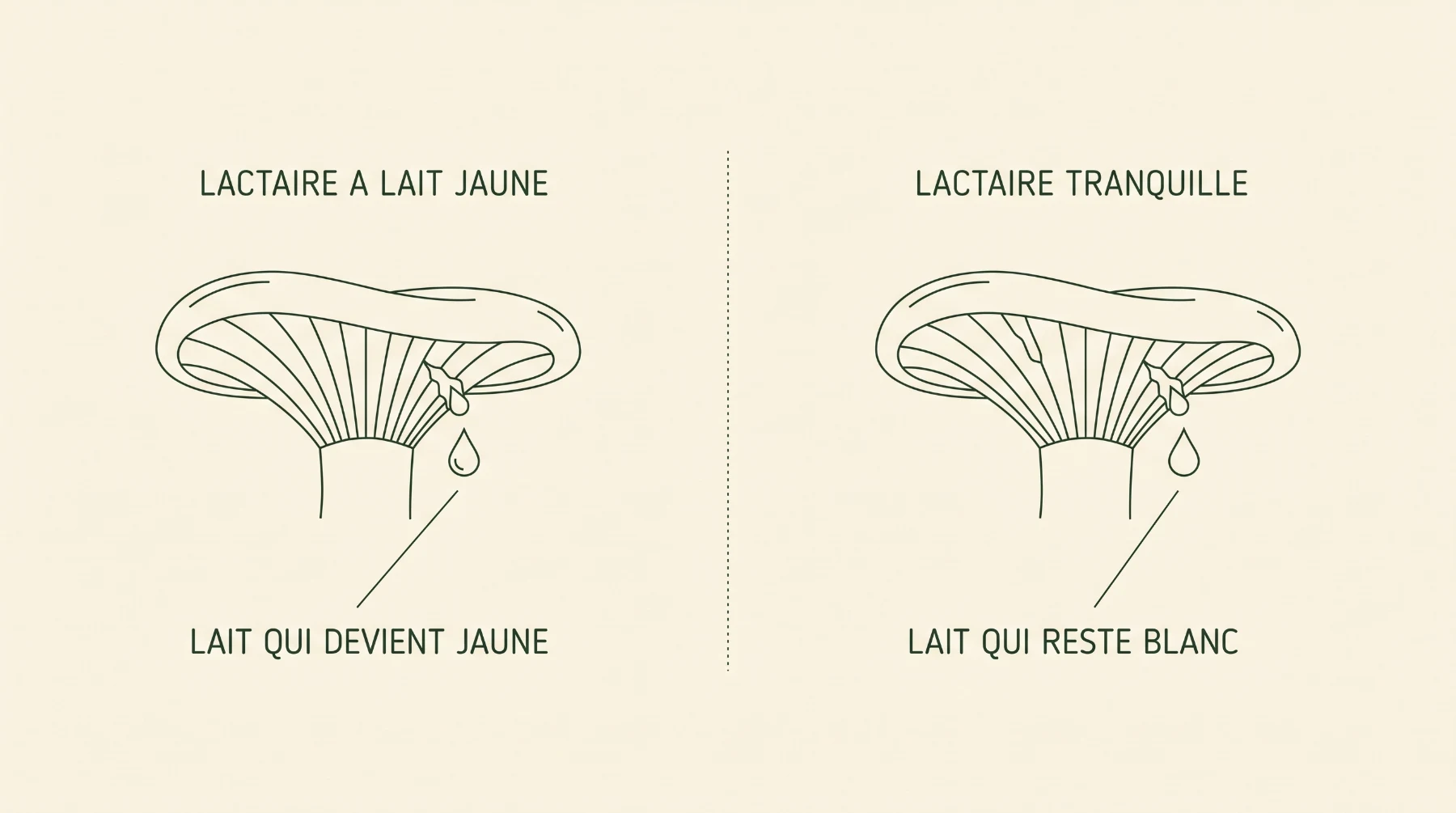 Schéma comparant le lait du lactaire à lait jaune, qui devient jaune soufre, et celui du lactaire tranquille, qui reste blanc