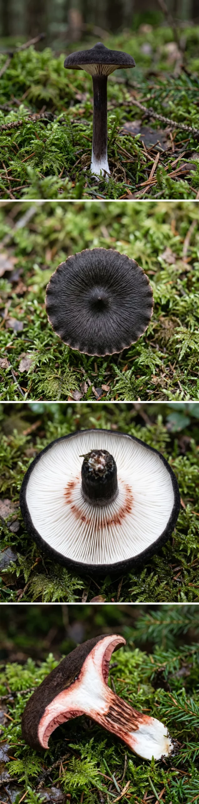 Quatre vues du lactaire couleur de suie : le champignon entier dans la mousse, le chapeau velouté vu de dessus, les lames blanc pur sous le chapeau noir, et une coupe où la chair rosit