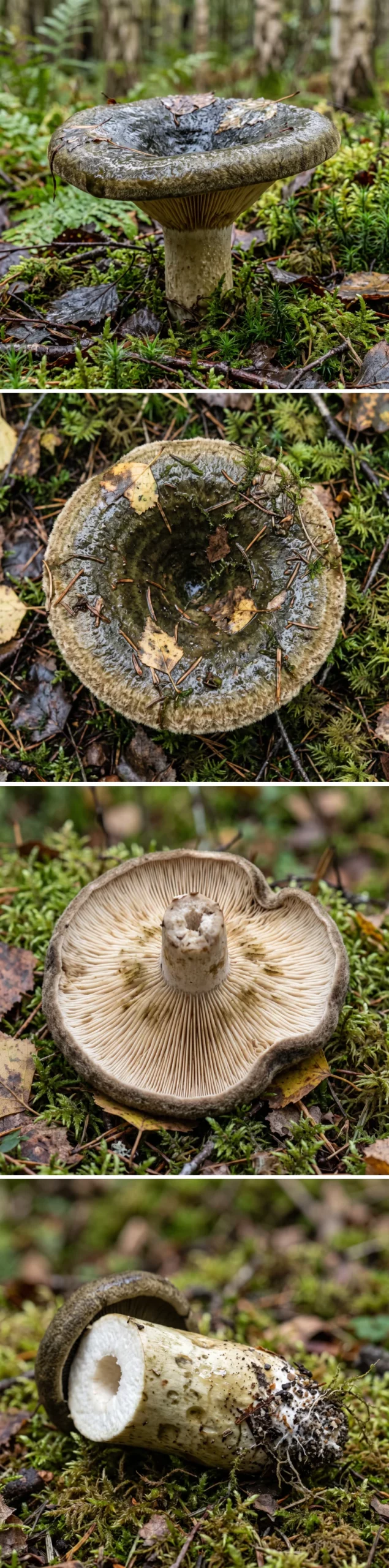 Quatre vues du lactaire plombé : le champignon entier dans la mousse, le chapeau brun olive vu de dessus avec sa marge enroulée, le dessous montrant les lames crème serrées, et la base du pied déterrée