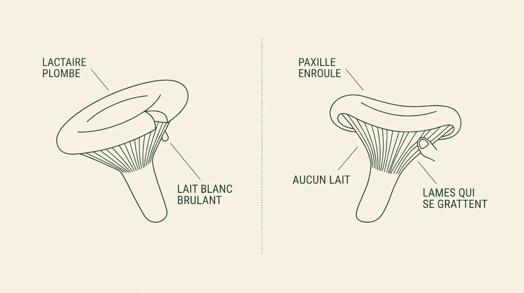 Schéma comparant le lactaire plombé, qui laisse un lait blanc brûlant, et le paxille enroulé, sans lait et dont les lames se grattent du chapeau