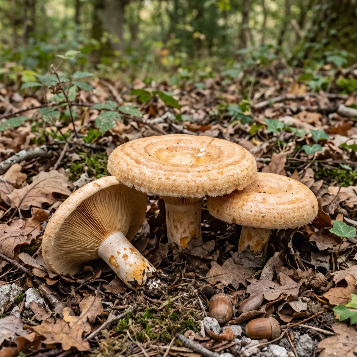 Trois lactaires zonés au chapeau ocre marqué de cernes, dans la litière de feuilles de chêne