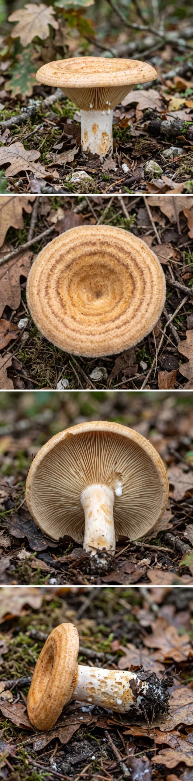 Quatre vues du lactaire zoné : le champignon entier debout, le chapeau vu de dessus avec ses zones concentriques, le dessous aux lames crème, et la base du pied blanche tachée d'ocre