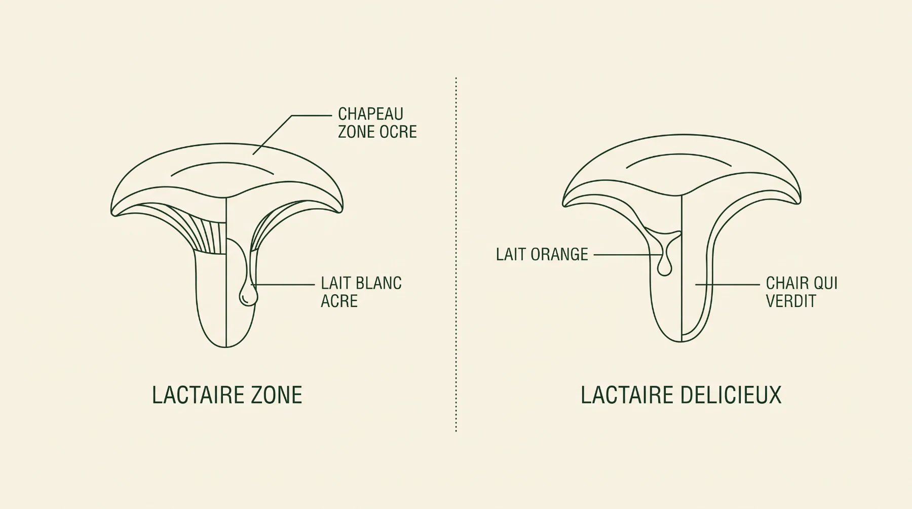 Schéma comparant le lactaire zoné, au lait blanc âcre, et le lactaire délicieux, au lait orange