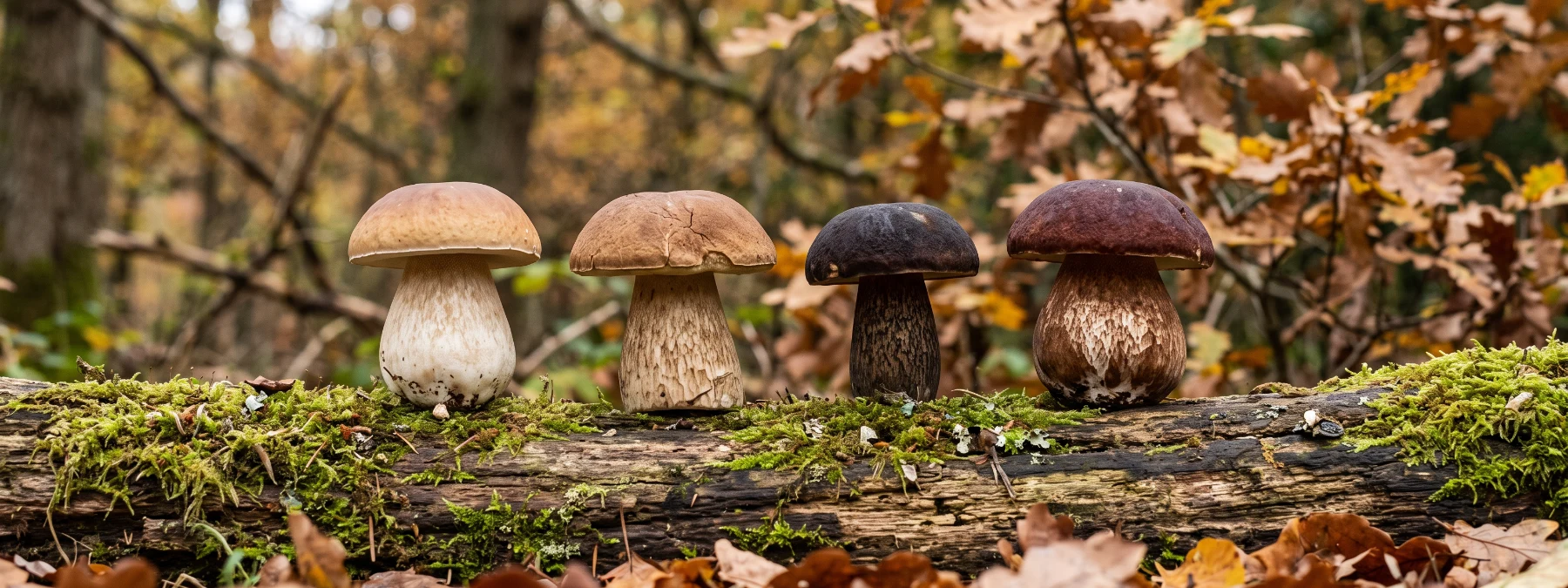 Les quatre cèpes comestibles alignés sur un tronc moussu : cèpe de Bordeaux, cèpe d’été, tête de nègre et cèpe des pins