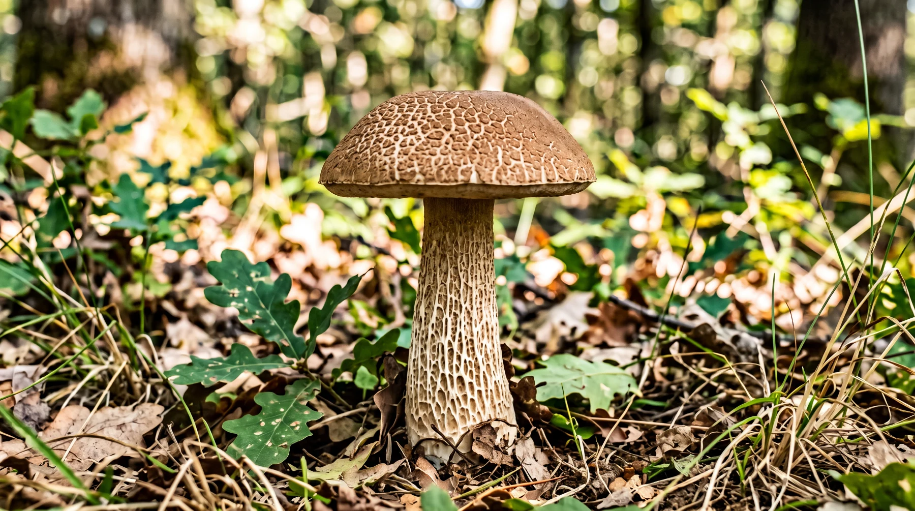 Cèpe d’été sous des chênes : chapeau brun tabac sec et craquelé, pied beige couvert d’un réseau blanc jusqu’à la base