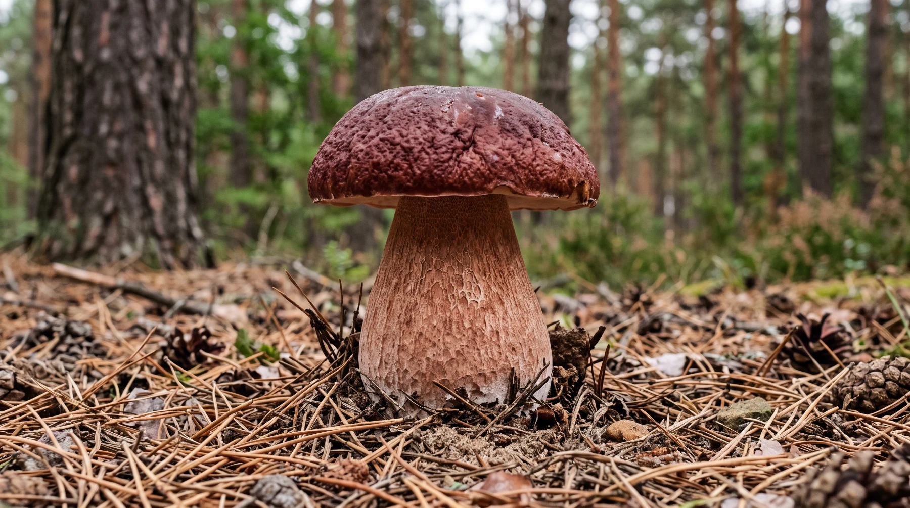 Cèpe des pins sur un tapis d’aiguilles : chapeau brun rouge acajou bosselé, pied épais et renflé