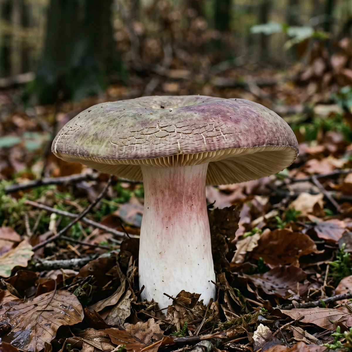 Russule olivacée au chapeau vert olive lavé de pourpre sur un tapis de feuilles de hêtre