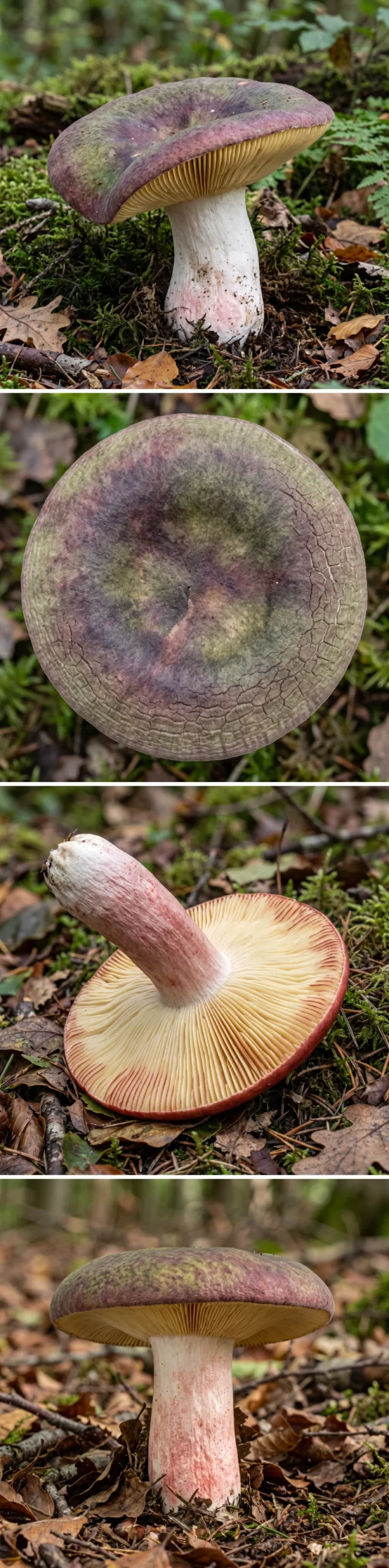 Quatre vues de la russule olivacée : le champignon entier dans la hêtraie, le chapeau olive et pourpre craquelé vu de dessus, le dessous et ses lames jaune crème à arête rougeâtre, et le pied massif lavé de rose