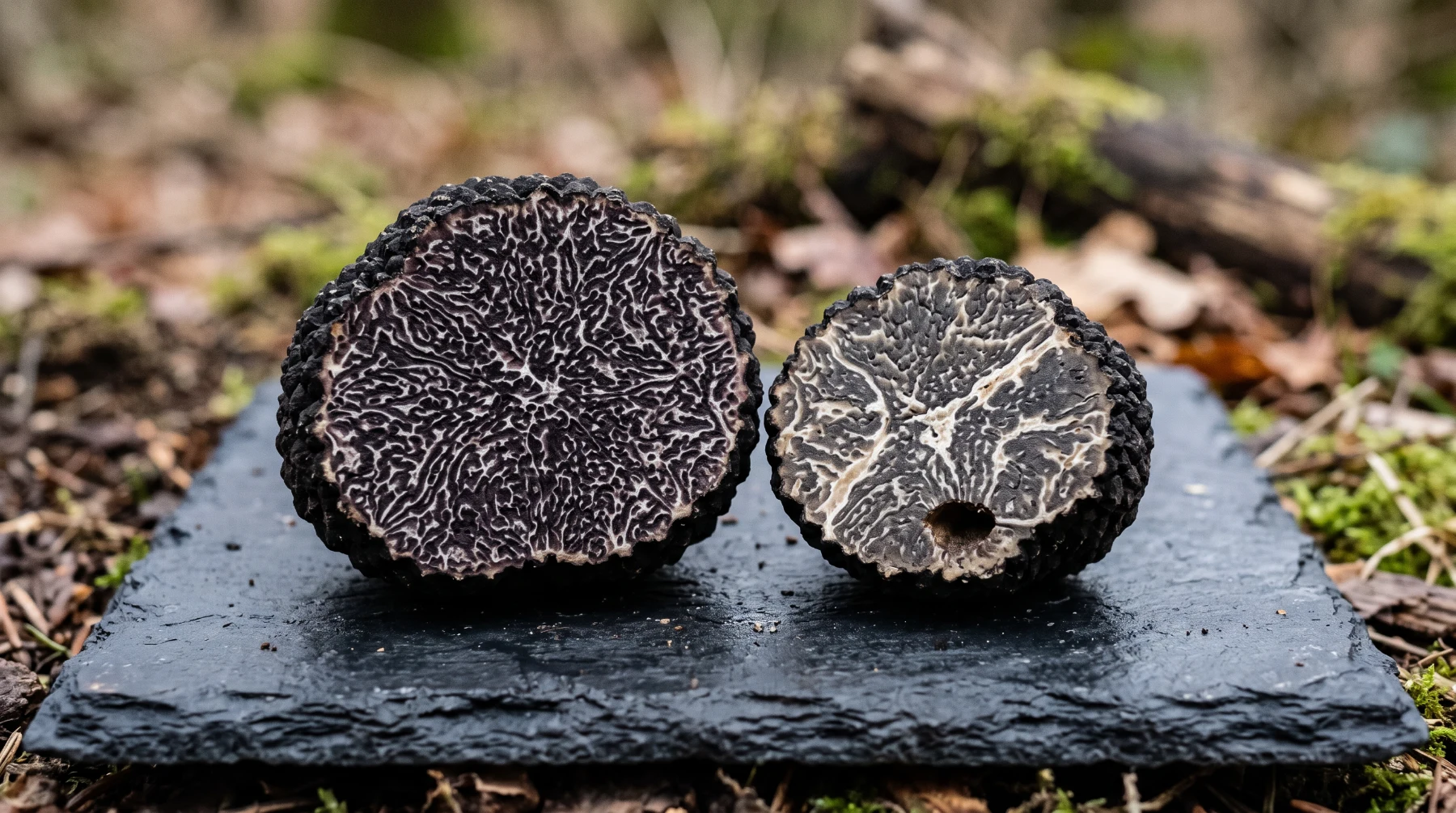Deux truffes noires coupées en deux posées sur une ardoise, veines blanches fines et serrées à gauche, veines épaisses et espacées à droite