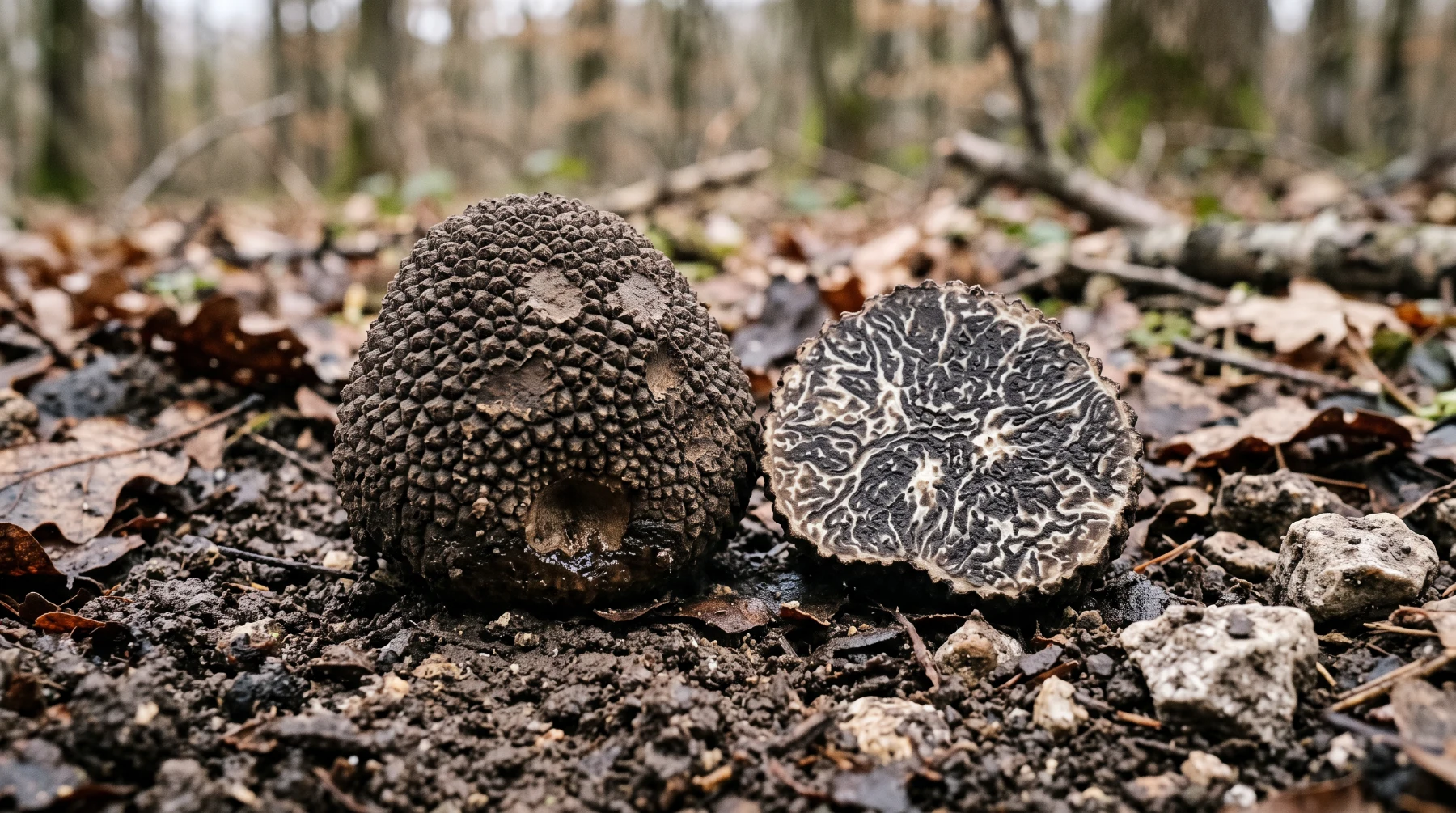 Truffe brumale entière aux petites verrues qui se détachent, et une moitié coupée montrant une chair gris noir à veines blanches épaisses et espacées
