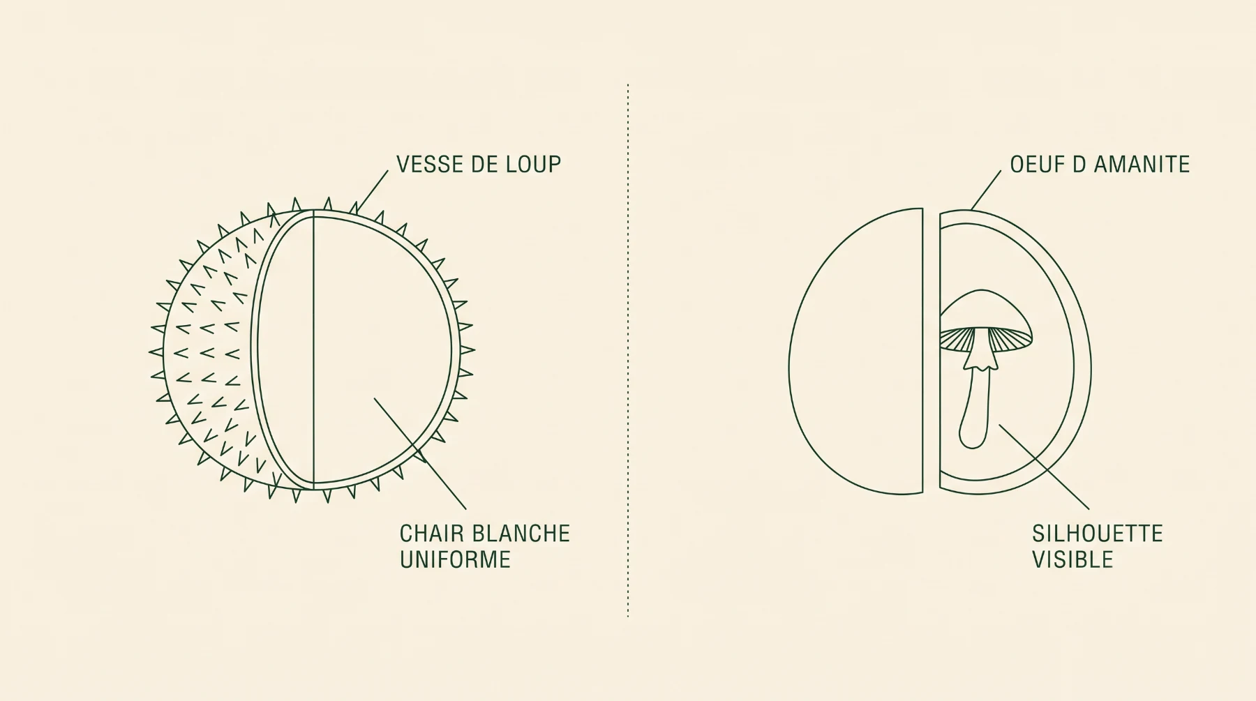 Schéma comparatif : vesse-de-loup à chair blanche uniforme, œuf d’amanite laissant voir la silhouette du futur champignon