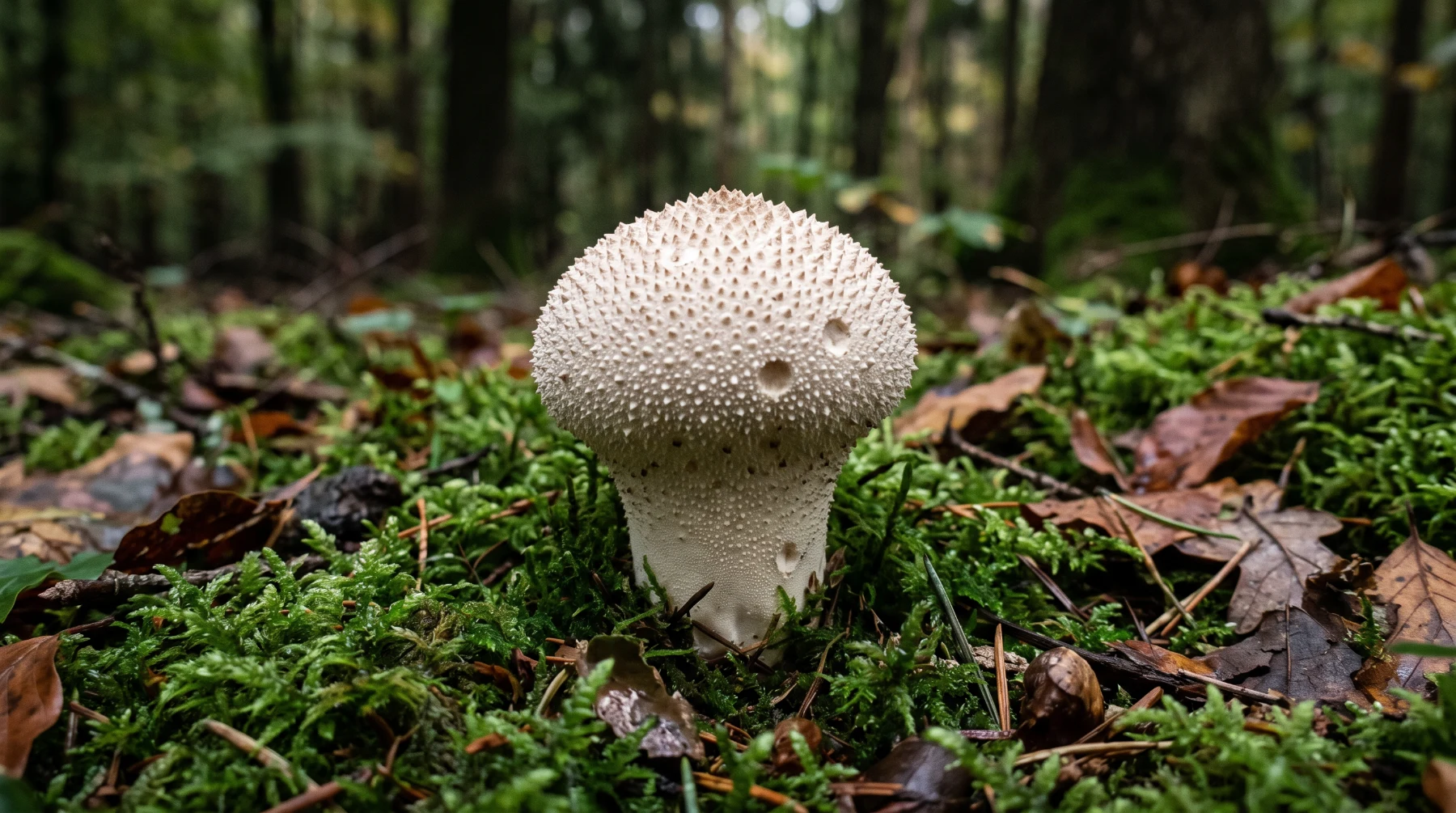 Vesse-de-loup perlée intacte dans la mousse, en forme de poire, couverte de petits aiguillons et de verrues nacrées